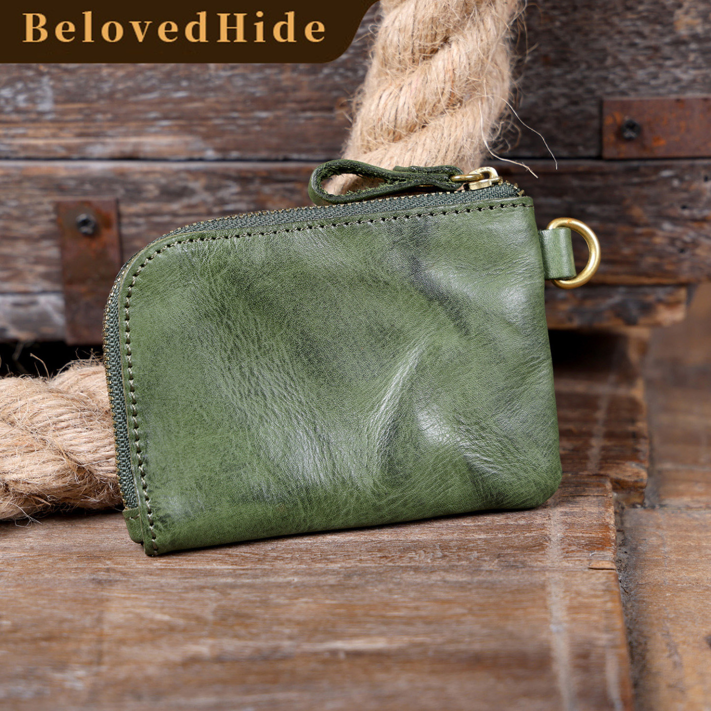 Mini Leather Keychain Wallet - Zippered Key Pouch with YKK Zipper (Black, Olive, Sunset)YHZD517351