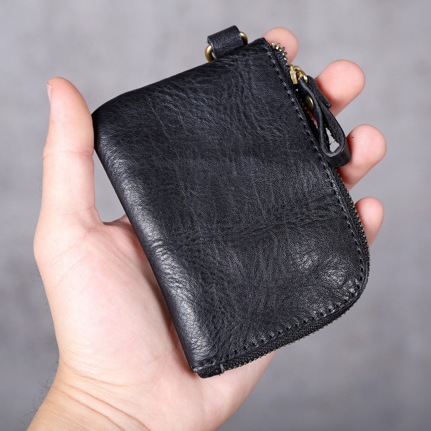 Mini Leather Keychain Wallet - Zippered Key Pouch with YKK Zipper (Black, Olive, Sunset)YHZD517351