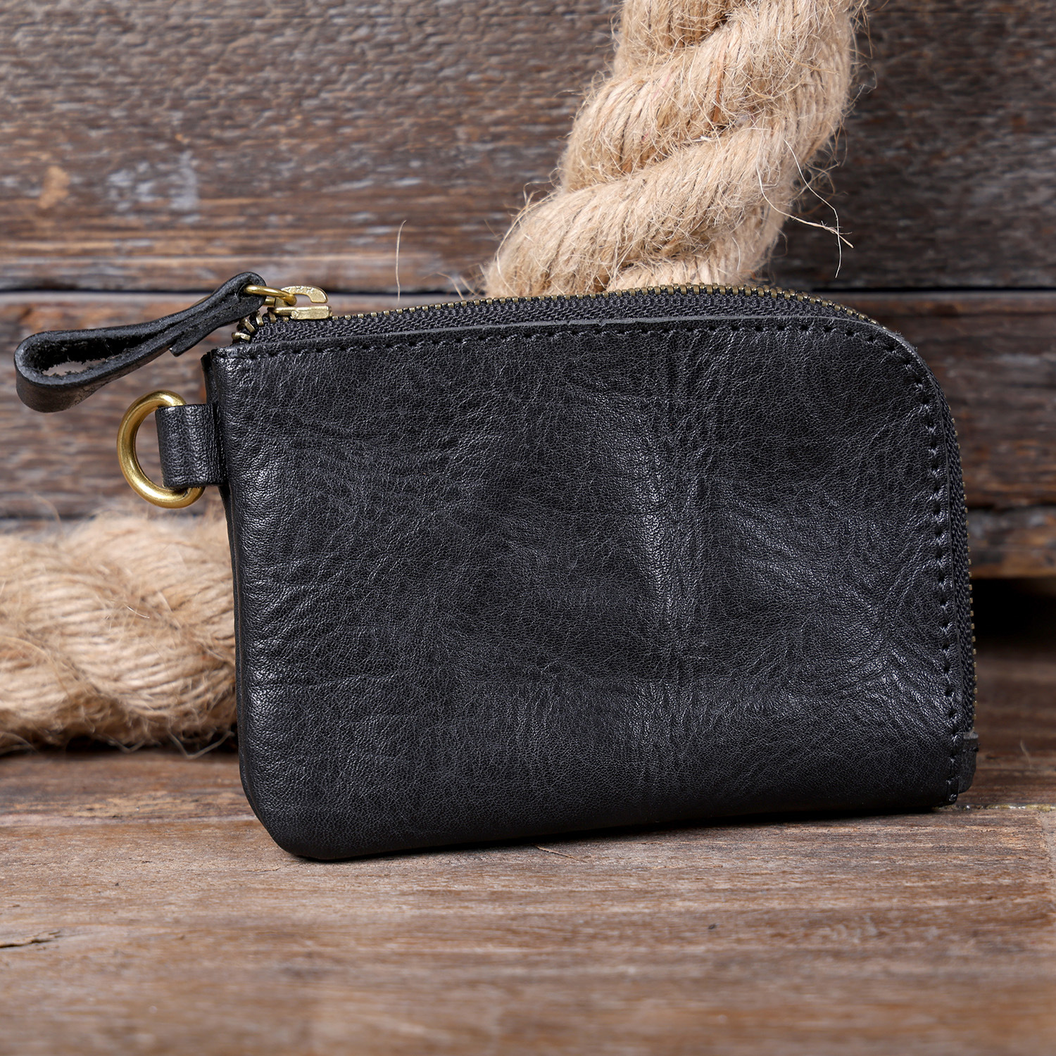 Mini Leather Keychain Wallet - Zippered Key Pouch with YKK Zipper (Black, Olive, Sunset)YHZD517351