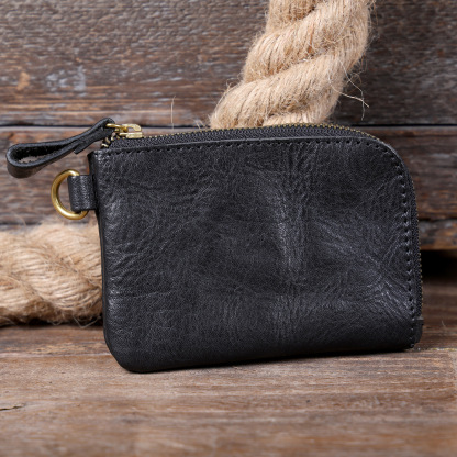 Mini Leather Keychain Wallet - Zippered Key Pouch with YKK Zipper (Black, Olive, Sunset)YHZD517351