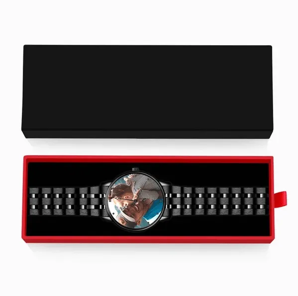 Custom Men's Black Alloy Watch, Personalization Photo and Text Watch 38mm