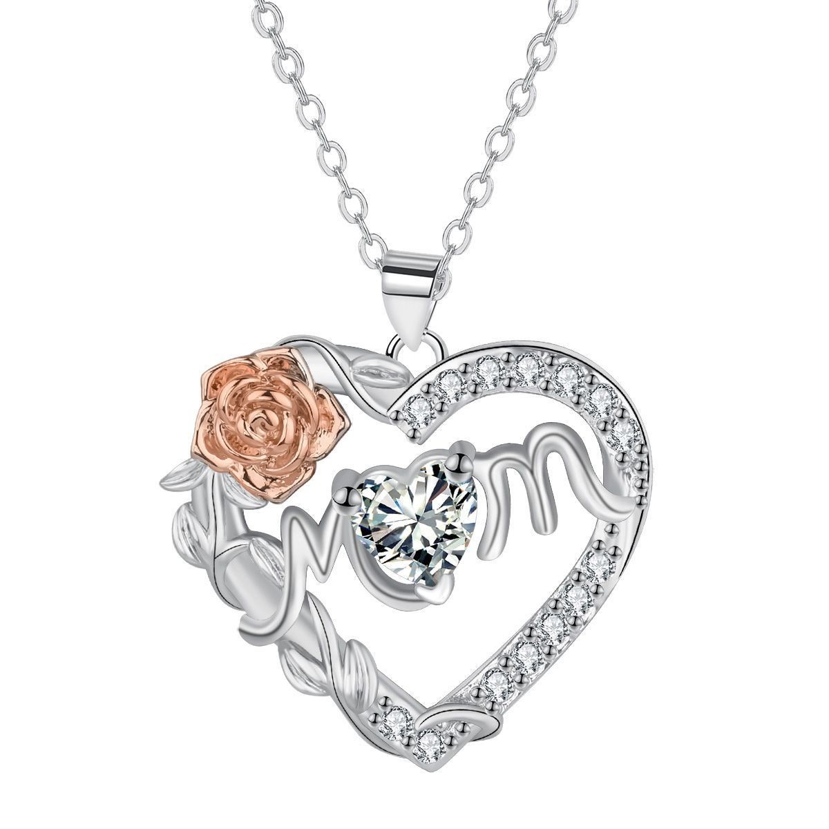 New Mother's Day Necklace, Heart-shaped Rose Necklace, Cross Chain Copper Jewelry Piece