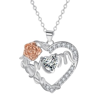 New Mother's Day Necklace, Heart-shaped Rose Necklace, Cross Chain Copper Jewelry Piece