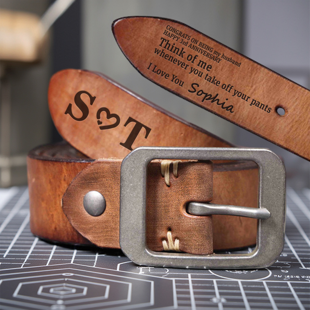  Playful 3rd Anniversary Leather Belt - "Think of Me" Husband Gift with Private Humor