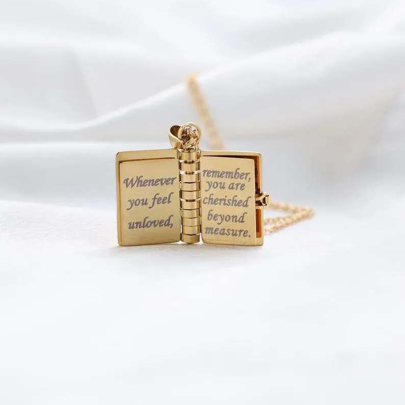 Personalized Book Necklace, Adjustable Pendant with Message Inside, Meaningful Jewelry Gift