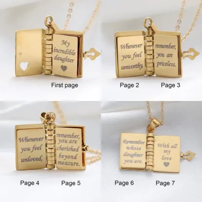 Personalized Book Necklace, Adjustable Pendant with Message Inside, Meaningful Jewelry Gift
