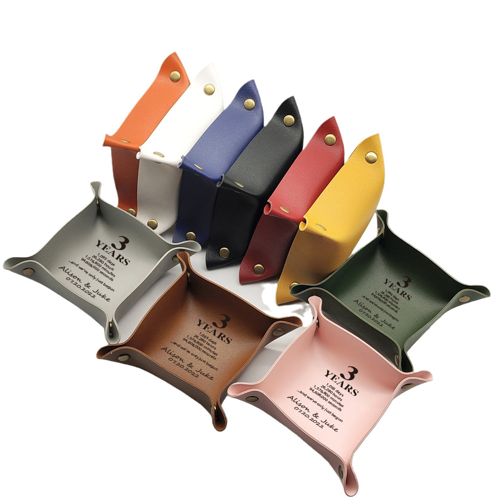 Custom Leather Tray, Square Leather Tray for Keys, Cosmetics, Jewelry, 3rd Anniversary Leather Gift (15/20/25cm, Multi-Color)