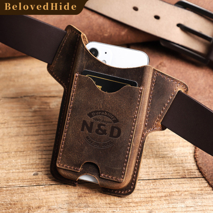 Leather Phone Holster - Anniversary Gift Engraved with "N & D • 1095 Days+"