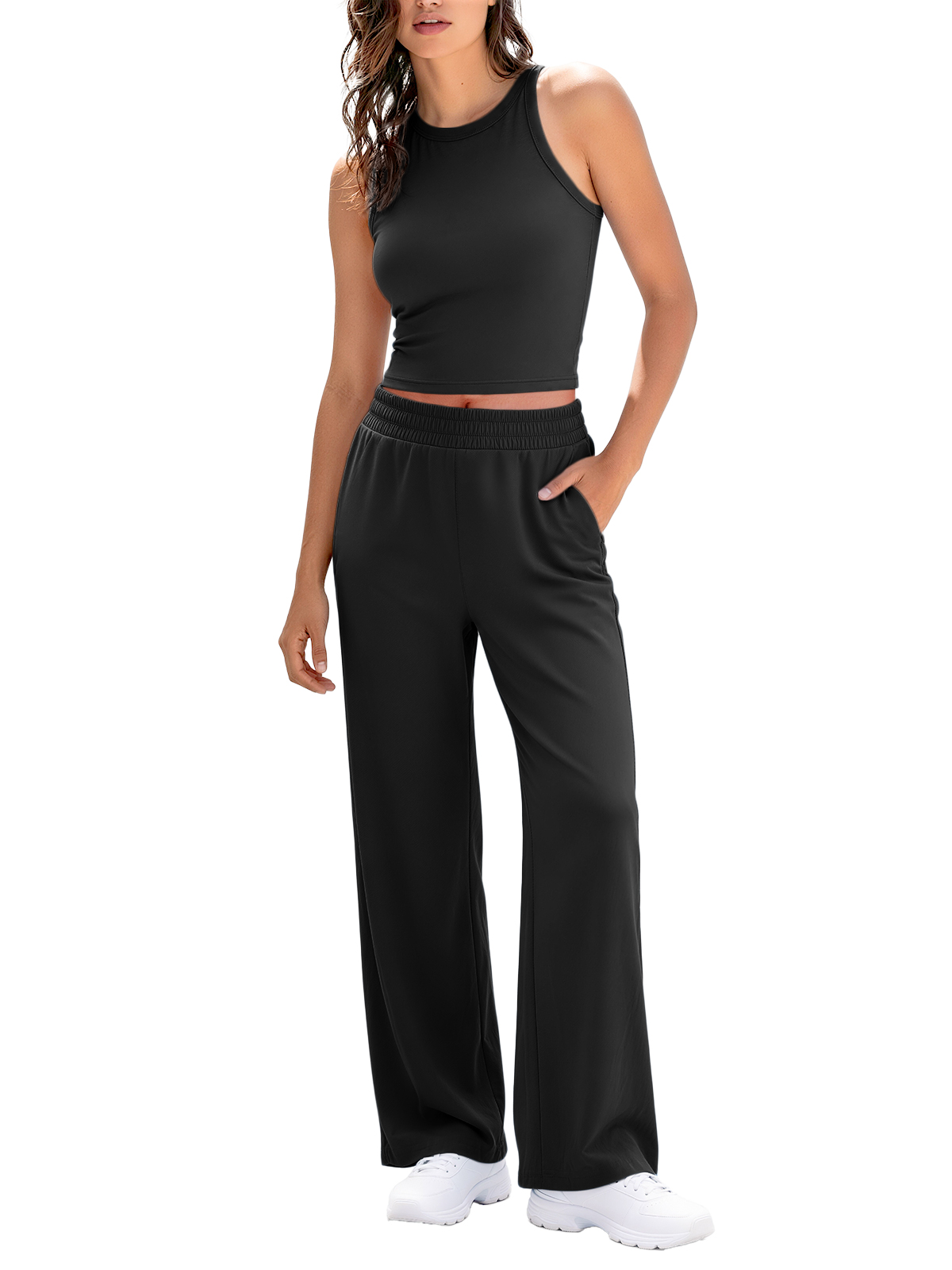 Women's 2 Piece Workout Sets Sleeveless Tank Top Wide Leg Pants with Pockets YDS2620