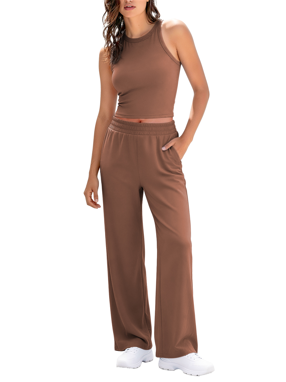 Women's 2 Piece Workout Sets Sleeveless Tank Top Wide Leg Pants with Pockets YDS2620