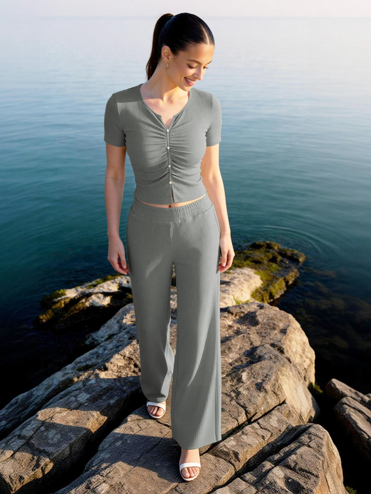 Women's 2 Piece Lounge Set  Short Sleeve Crop Top Wide Leg Pants with Pockets YDS260204