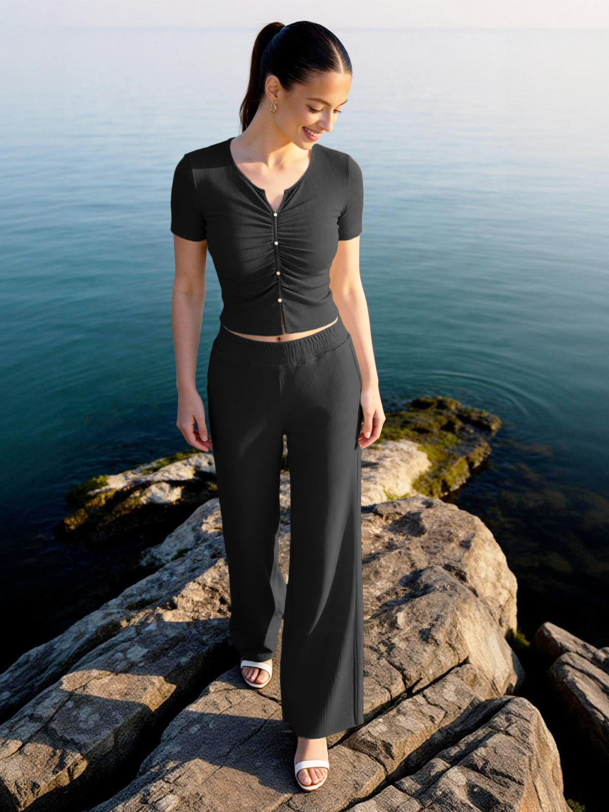 Women's 2 Piece Lounge Set  Short Sleeve Crop Top Wide Leg Pants with Pockets YDS260204