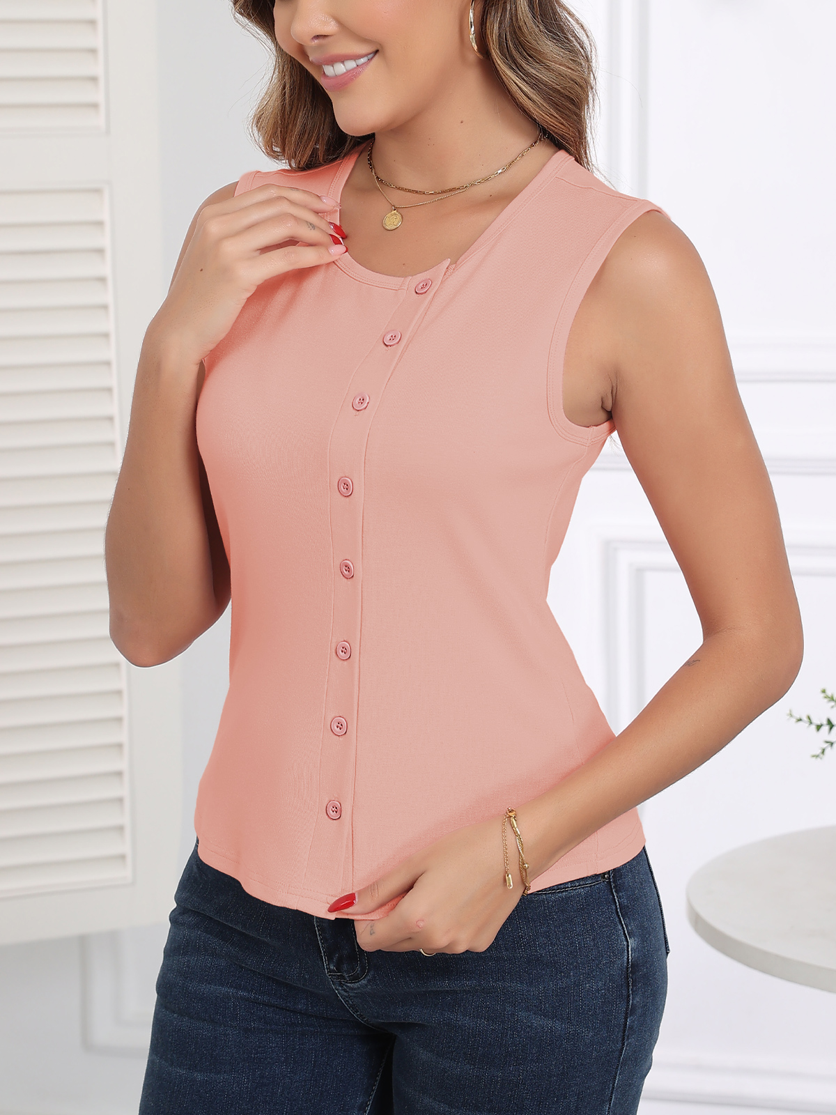 Women's Ribbed Knit Tank Top Slim Fit Button Down Sleeveless Crewneck Shirt 260203