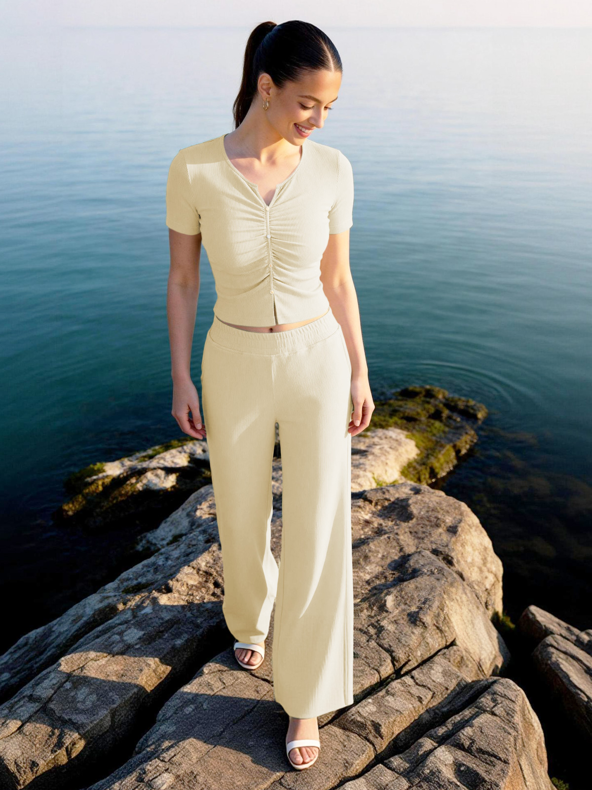 Women's 2 Piece Lounge Set  Short Sleeve Crop Top Wide Leg Pants with Pockets YDS260204