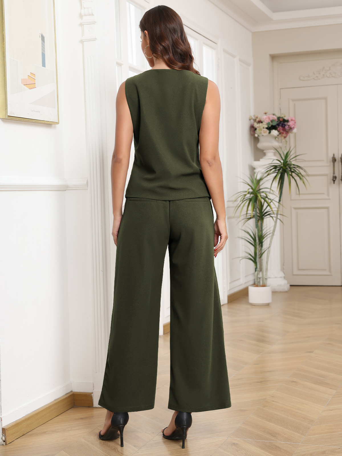 Women's 2 Piece Blazer Outfits Summer Sleeveless V Neck Vest and Wide Leg Pants Set 260202