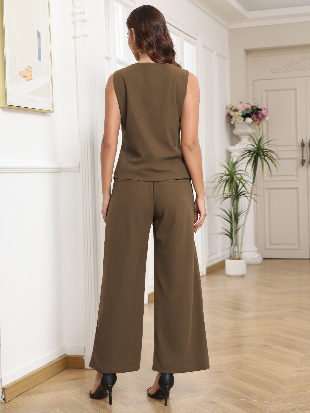 Women's 2 Piece Blazer Outfits Summer Sleeveless V Neck Vest and Wide Leg Pants Set 260202