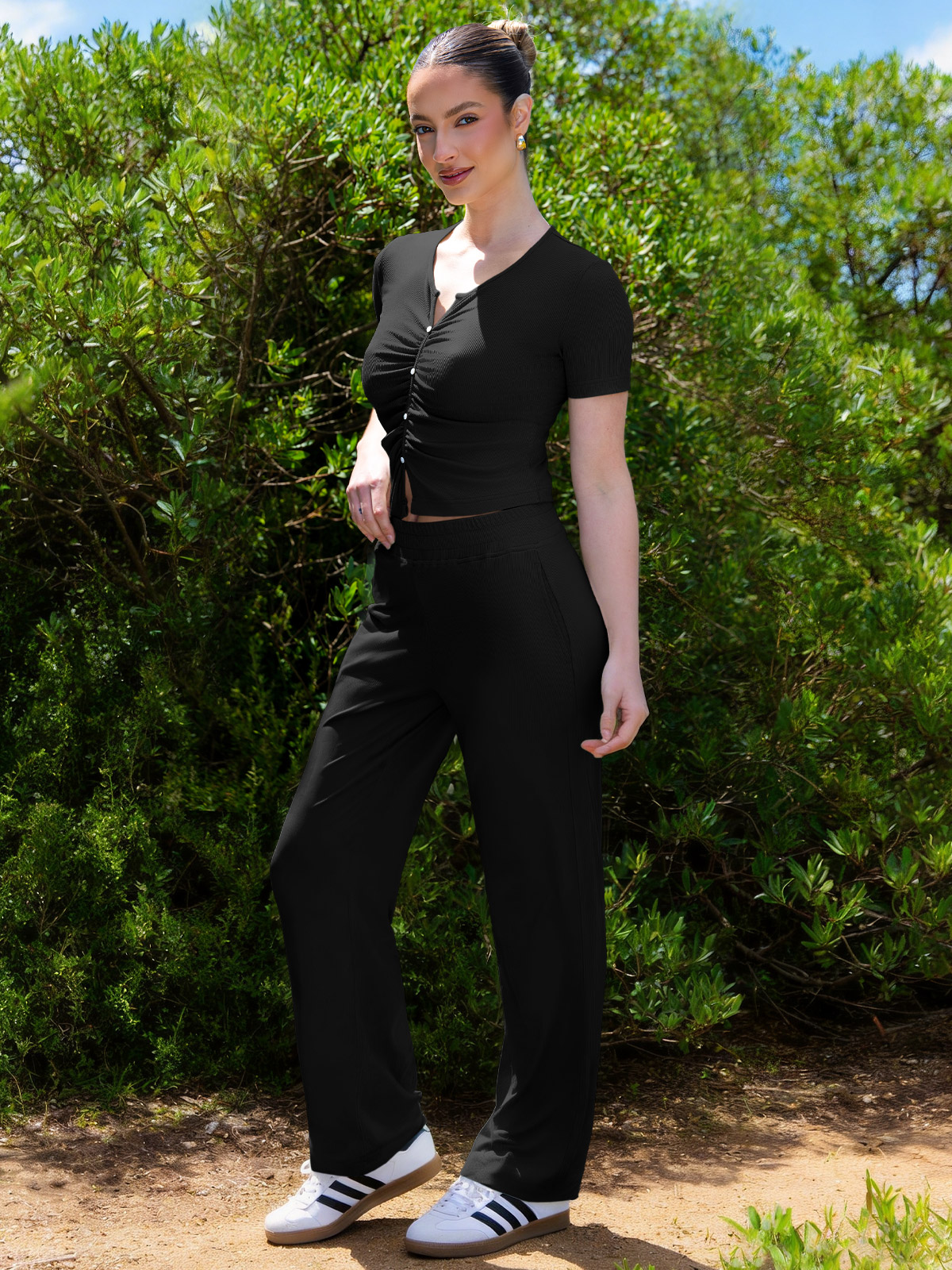 Women's 2 Piece Lounge Set  Short Sleeve Crop Top Wide Leg Pants with Pockets YDS260204