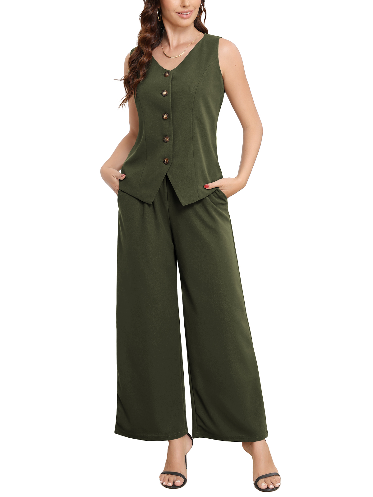 Women's 2 Piece Blazer Outfits Summer Sleeveless V Neck Vest and Wide Leg Pants Set 260202