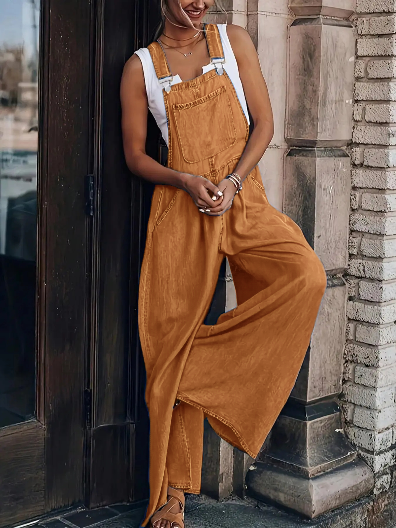 💥Factory Direct Sale💥Women's Crinkled Wide - leg Denim Suspender Pants with Adjustable Shoulder Straps
