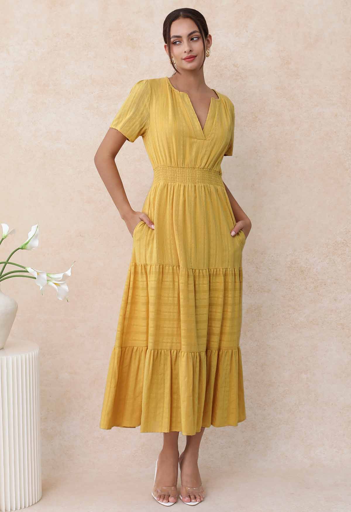 Notch Neckline Floret Eyelet Shirred Cotton Dress in Mustard