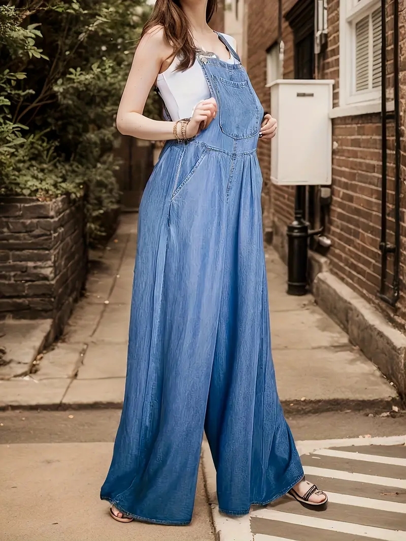 💥Factory Direct Sale💥Women's Crinkled Wide - leg Denim Suspender Pants with Adjustable Shoulder Straps