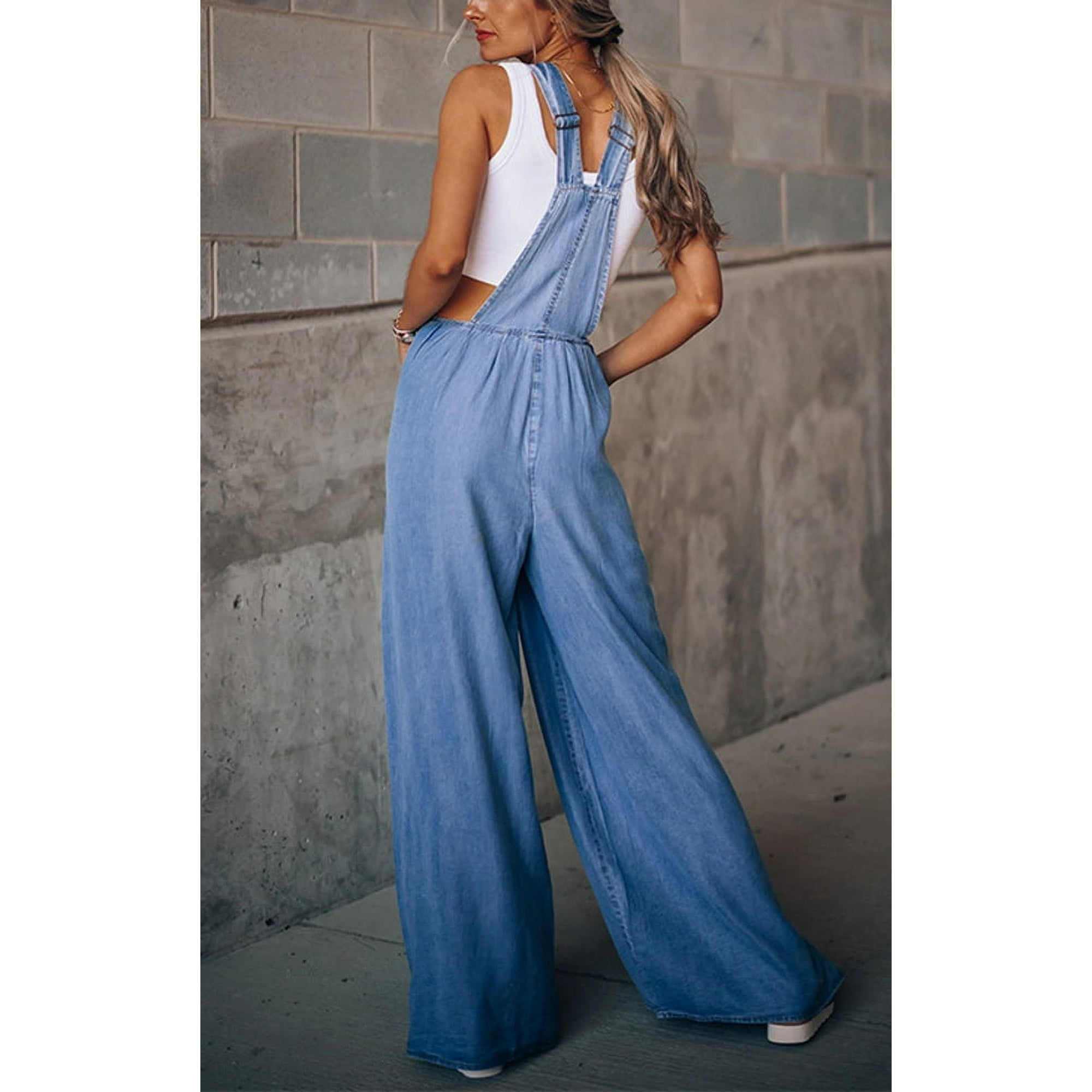 💥Factory Direct Sale💥Women's Crinkled Wide - leg Denim Suspender Pants with Adjustable Shoulder Straps