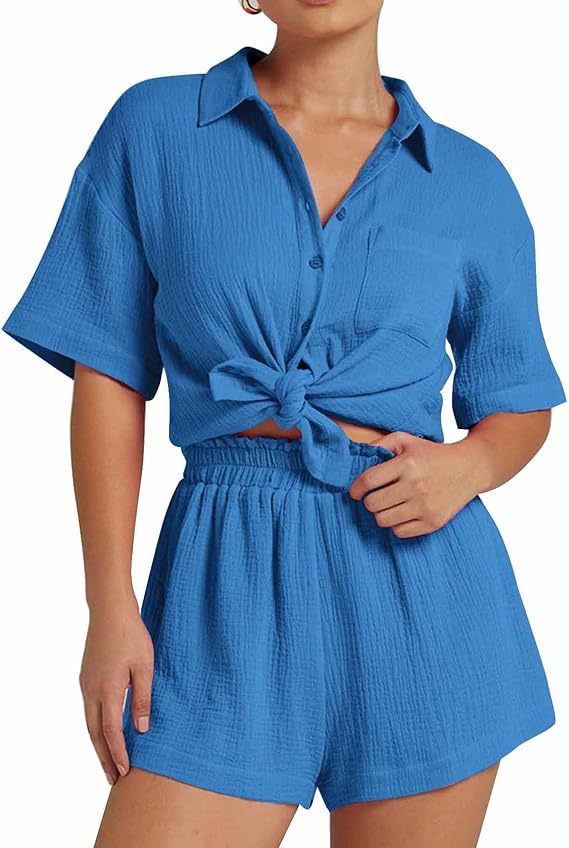 💥Factory Direct Sale💥Ladies' Casual Two-piece Set of Linen-cotton Short-sleeved Shirt and Shorts