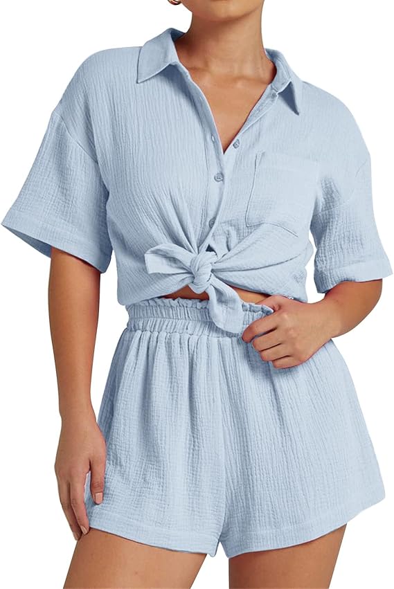 💥Factory Direct Sale💥Ladies' Casual Two-piece Set of Linen-cotton Short-sleeved Shirt and Shorts
