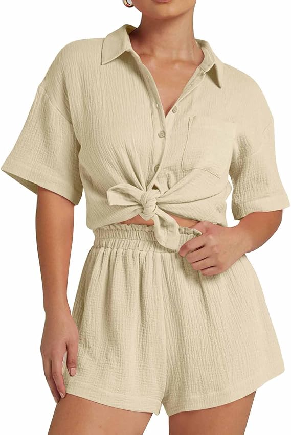 💥Factory Direct Sale💥Ladies' Casual Two-piece Set of Linen-cotton Short-sleeved Shirt and Shorts