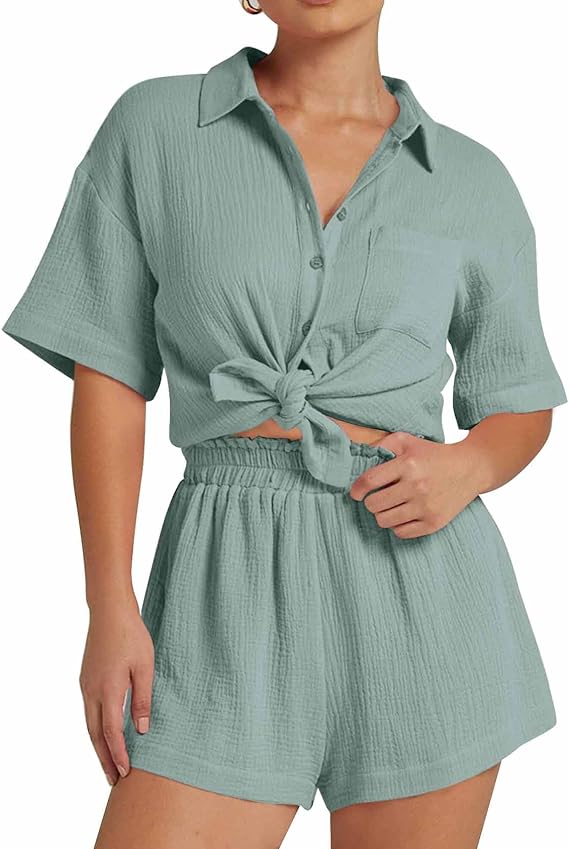 💥Factory Direct Sale💥Ladies' Casual Two-piece Set of Linen-cotton Short-sleeved Shirt and Shorts