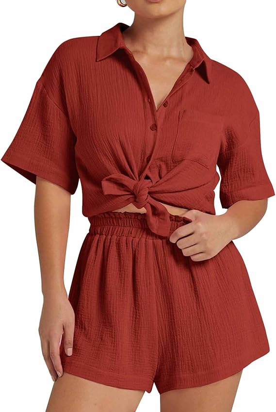 💥Factory Direct Sale💥Ladies' Casual Two-piece Set of Linen-cotton Short-sleeved Shirt and Shorts