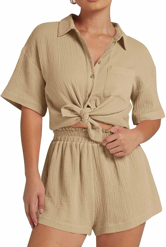 💥Factory Direct Sale💥Ladies' Casual Two-piece Set of Linen-cotton Short-sleeved Shirt and Shorts