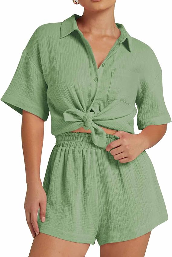 💥Factory Direct Sale💥Ladies' Casual Two-piece Set of Linen-cotton Short-sleeved Shirt and Shorts