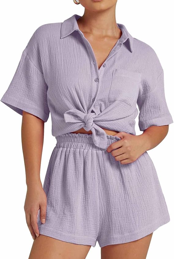 💥Factory Direct Sale💥Ladies' Casual Two-piece Set of Linen-cotton Short-sleeved Shirt and Shorts