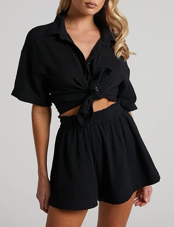 💥Factory Direct Sale💥Ladies' Casual Two-piece Set of Linen-cotton Short-sleeved Shirt and Shorts