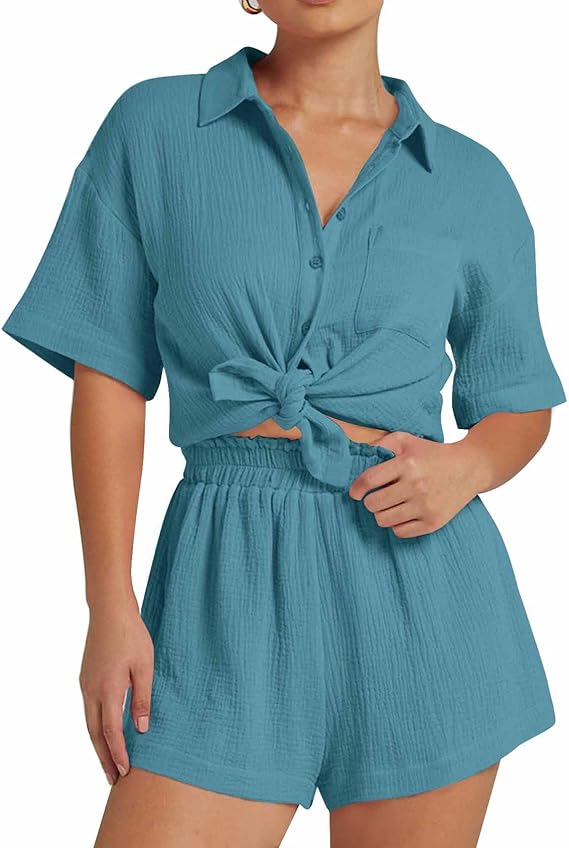 💥Factory Direct Sale💥Ladies' Casual Two-piece Set of Linen-cotton Short-sleeved Shirt and Shorts