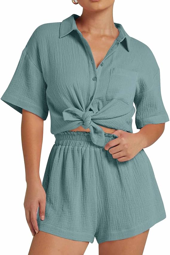 💥Factory Direct Sale💥Ladies' Casual Two-piece Set of Linen-cotton Short-sleeved Shirt and Shorts