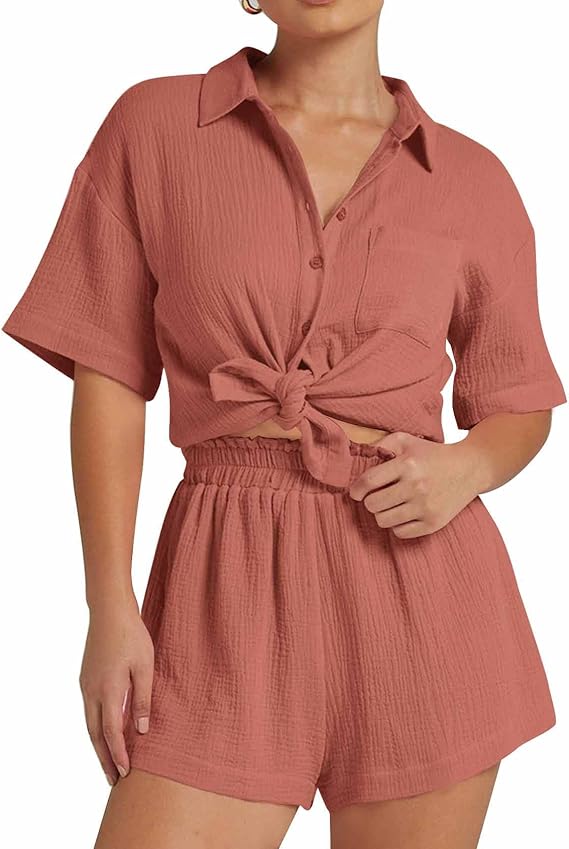 💥Factory Direct Sale💥Ladies' Casual Two-piece Set of Linen-cotton Short-sleeved Shirt and Shorts