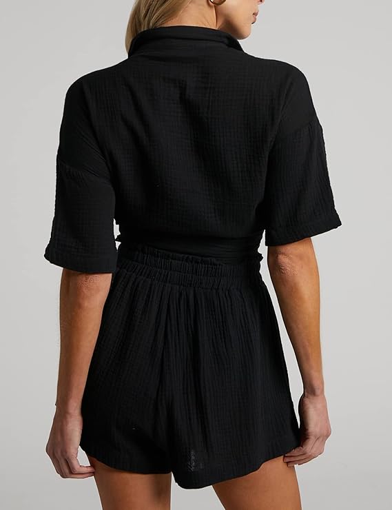 💥Factory Direct Sale💥Ladies' Casual Two-piece Set of Linen-cotton Short-sleeved Shirt and Shorts