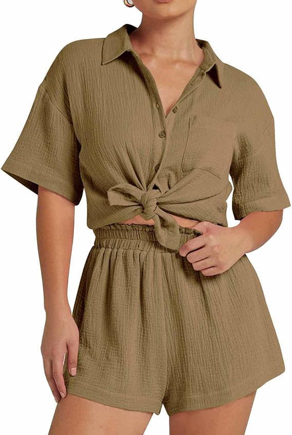 💥Factory Direct Sale💥Ladies' Casual Two-piece Set of Linen-cotton Short-sleeved Shirt and Shorts