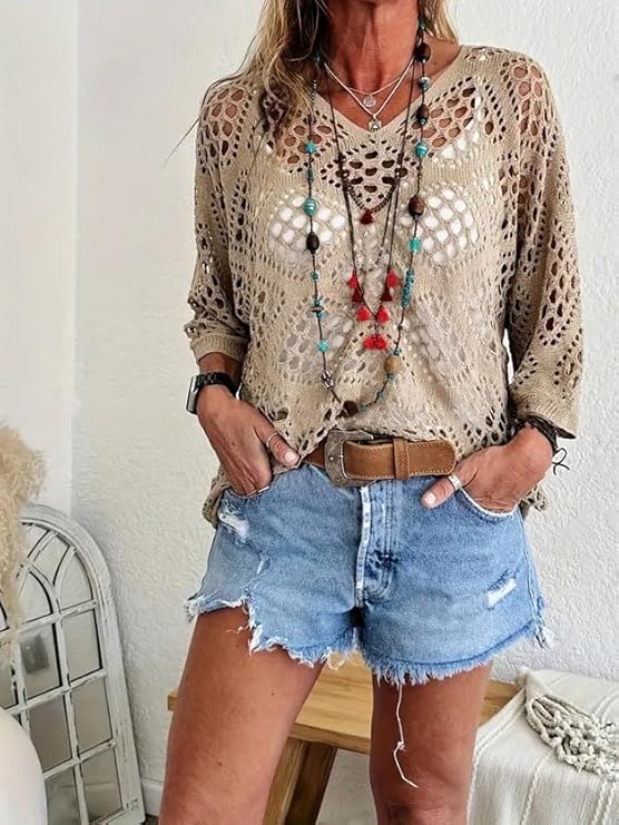 🎁Today's Special Offer🎁Women's Plus Size Open Knit Half Sleeve Pullover
