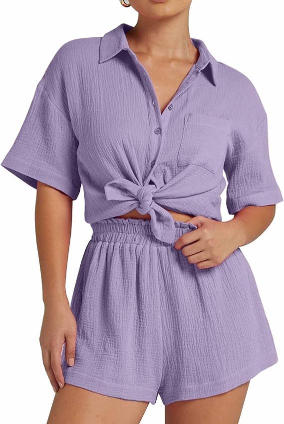 💥Factory Direct Sale💥Ladies' Casual Two-piece Set of Linen-cotton Short-sleeved Shirt and Shorts
