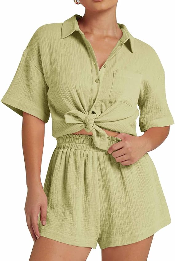 💥Factory Direct Sale💥Ladies' Casual Two-piece Set of Linen-cotton Short-sleeved Shirt and Shorts