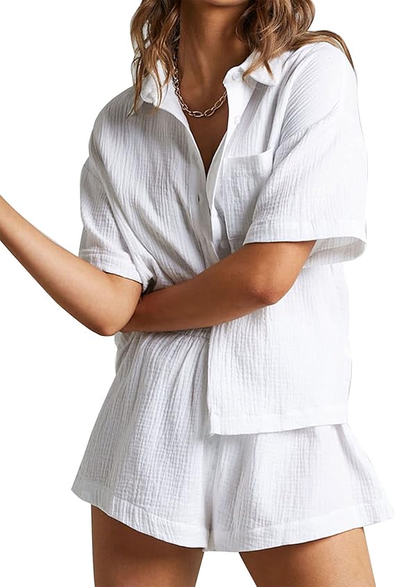 💥Factory Direct Sale💥Ladies' Casual Two-piece Set of Linen-cotton Short-sleeved Shirt and Shorts