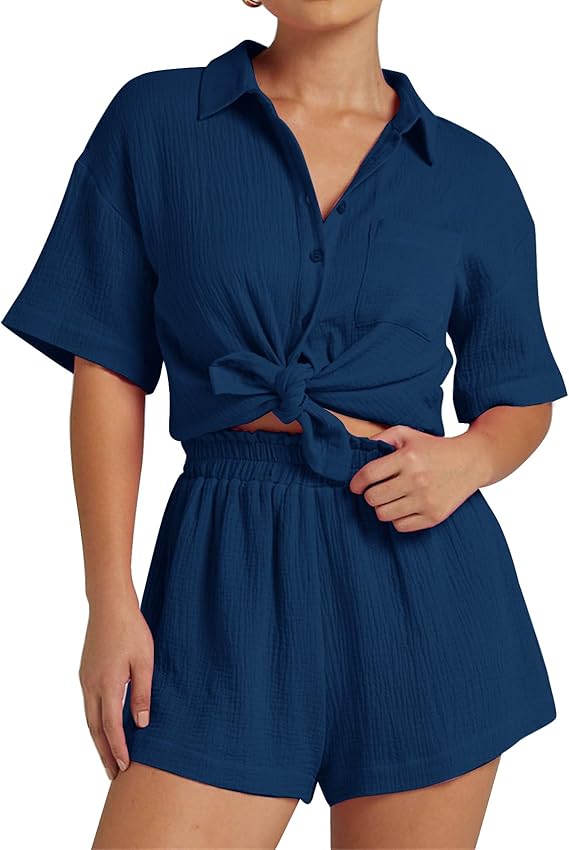 💥Factory Direct Sale💥Ladies' Casual Two-piece Set of Linen-cotton Short-sleeved Shirt and Shorts