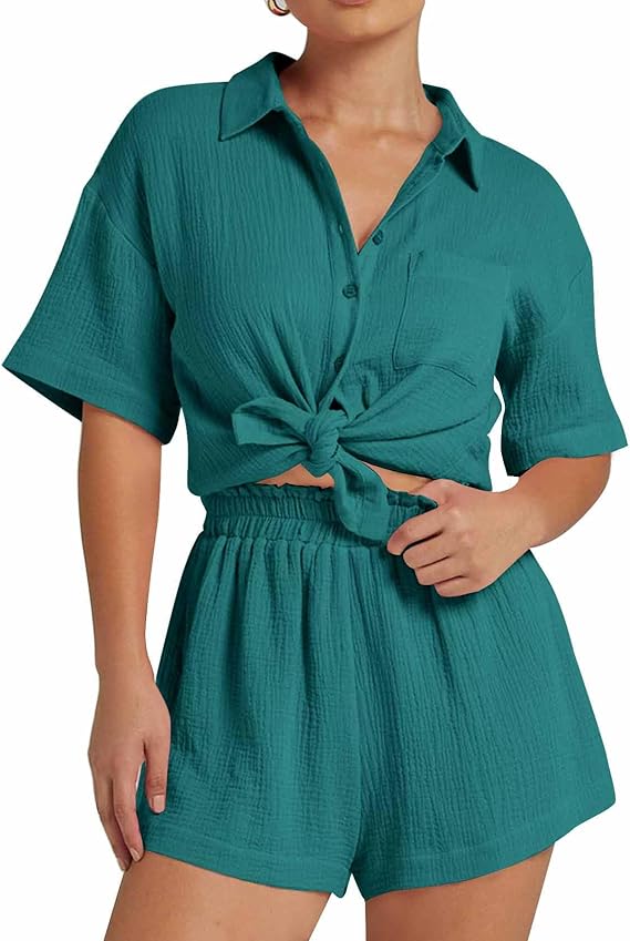 💥Factory Direct Sale💥Ladies' Casual Two-piece Set of Linen-cotton Short-sleeved Shirt and Shorts