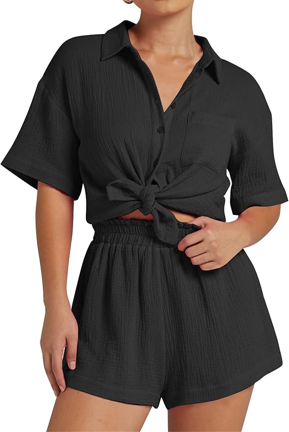 💥Factory Direct Sale💥Ladies' Casual Two-piece Set of Linen-cotton Short-sleeved Shirt and Shorts