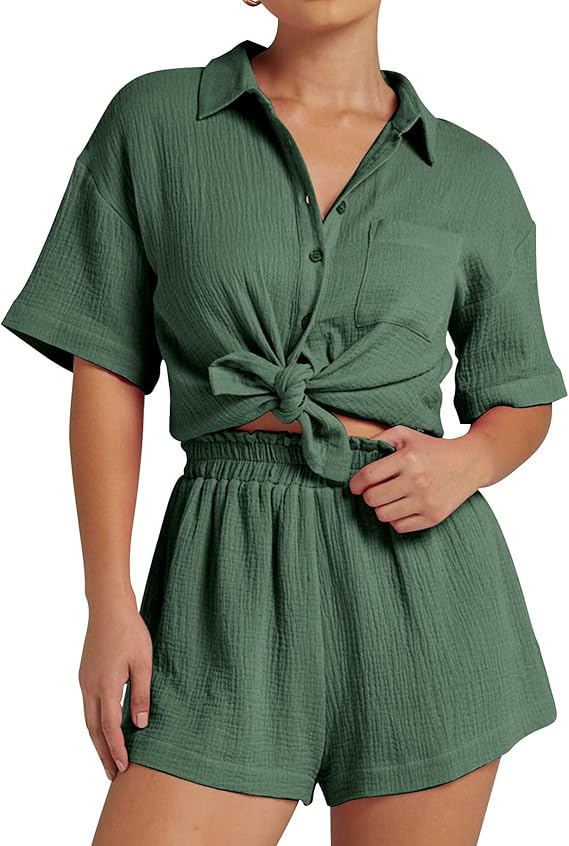 💥Factory Direct Sale💥Ladies' Casual Two-piece Set of Linen-cotton Short-sleeved Shirt and Shorts