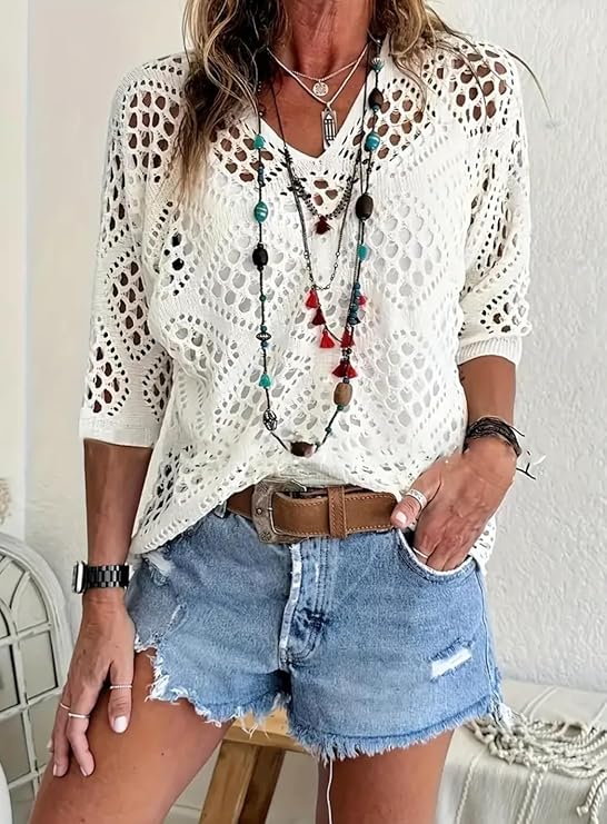 🎁Today's Special Offer🎁Women's Plus Size Open Knit Half Sleeve Pullover