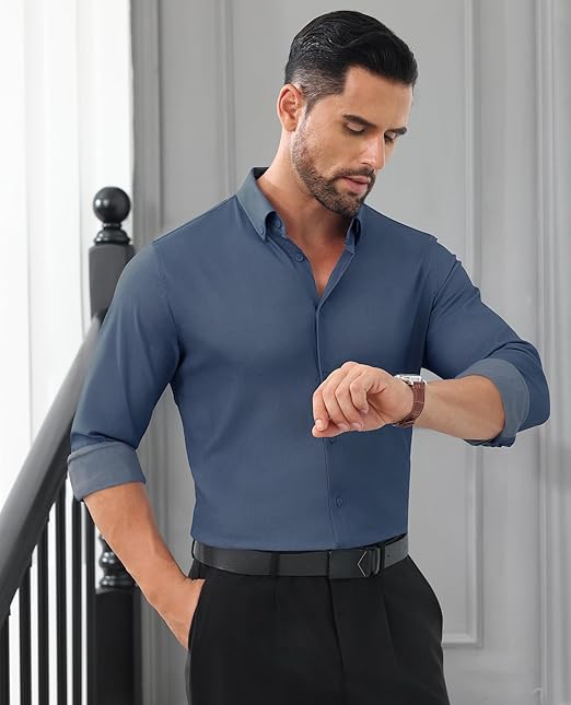 🎁Today's Special Offer🎁Wrinkle-Free And Iron-Free Elastic Slim Fit Business Casual Shirt (Long Sleeve Button-Down)